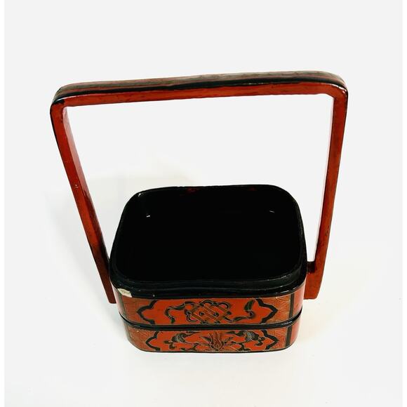 VTG Chinese Red Lacquered Wedding Basket Lunch Box Porcelain Plaque Top READ - Picture 5 of 9